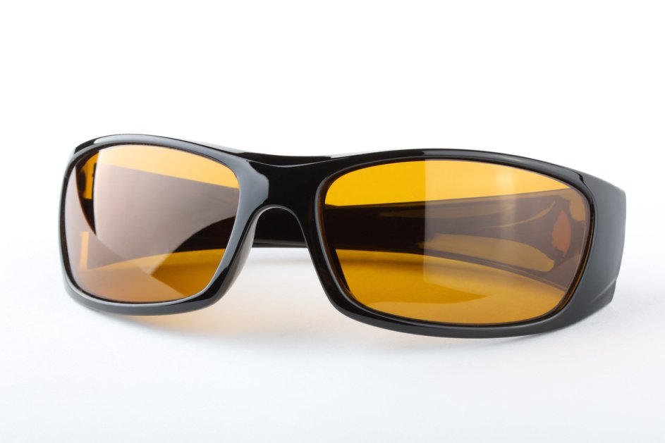 amber lens in black sunglasses frame